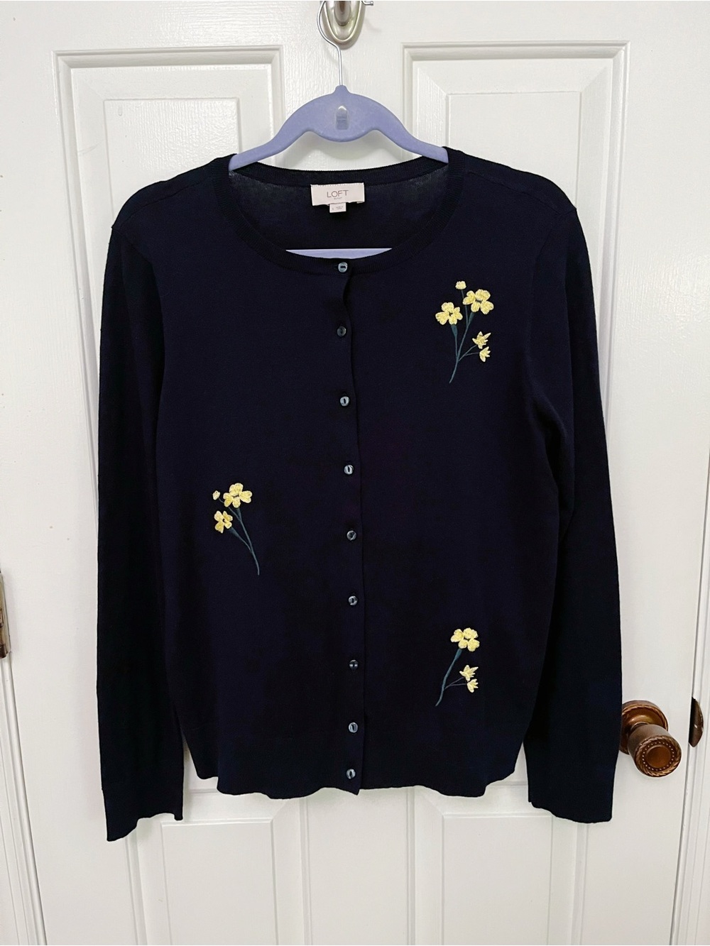 NWOT LOFT Outlet Navy Blue Cardigan with Yellow Embroidered Flowers (size Large)